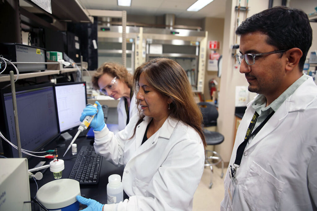 UCF chemists Dr. Yulia Gerasimova and Dr. Karin Chumbimuni-Torres collaborated with Dr. Daniel Ram, assistant professor of medicine and infectious disease expert, to develop new biosensors test to detect both Hepatitis and HIV at the same time. 