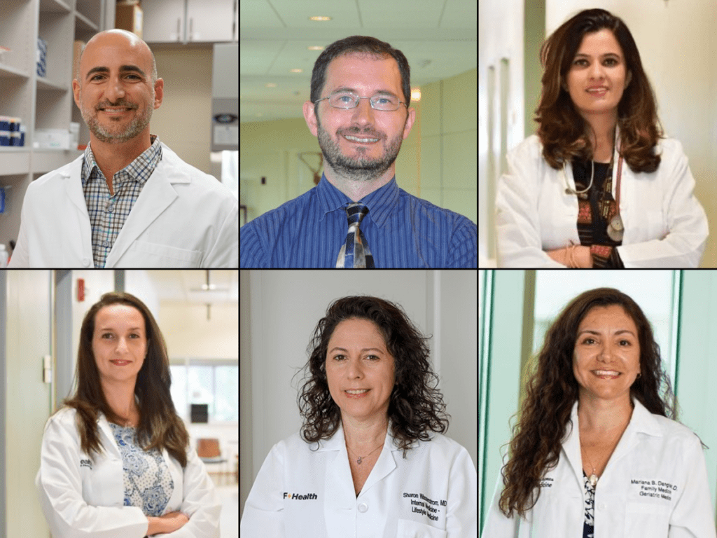 A gallery of six faculty in white coats.