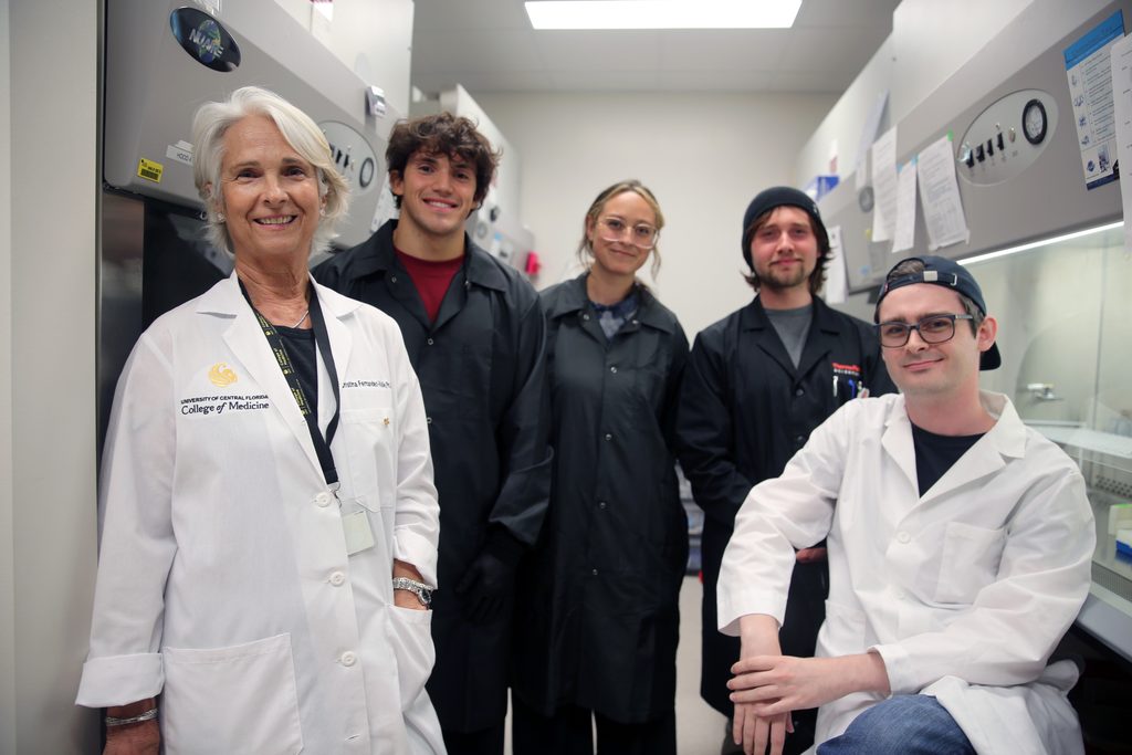 From left: Pegasus Professor Cristina Fernández-Valle, biomedical sciences undergraduate students Alfonso Aviles and Amanda Nunez-Ferreira, materials science and engineering doctoral candidate Alex Sutton and M.D./Ph.D. student Ethan Hass.